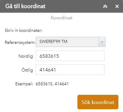 Gå till koordinat (11) Med denna funktion som du når via går det att skriva eller klistra in koordinater för att zoomas till den positionen i kartan.