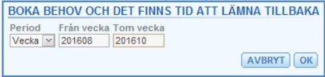 - När behov markerats aktiveras knapp för Boka direkt i nedre delen av fönstret. Boka direkt från menyval på resurs. - Dialog boka behov visar hela intervallet där behov finns.