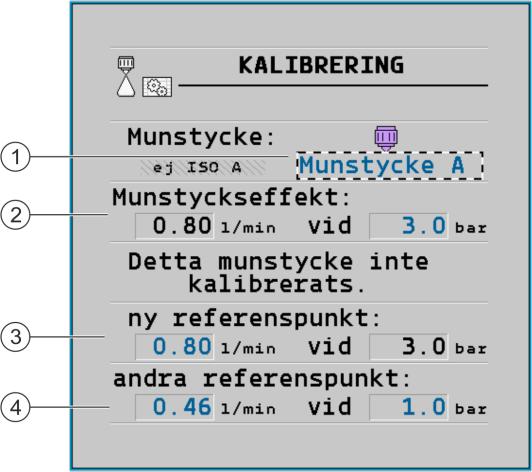 7 Konfigurera jobbdatorn Konfigurera munstycken - på sprutor med trycksensorreglering Listan innehåller alla standardmunstycken och fyra platser för konfiguration av egna munstycken. 4.