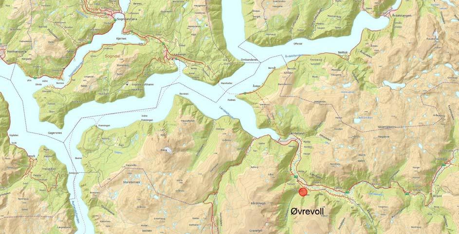 Figur 1. De två lokalerna som undersökningen omfattar ligger vid gården Grøte cirka 6,5 kilometer upp längs Lærdalsälven.