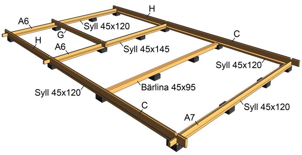 Placering ytterdörr Lägg ihop första väggvarvet på syllen. Ytterväggen ska ligga ca 2-3mm utanför syllen runtom.