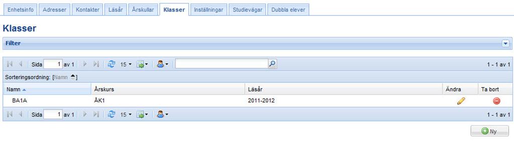 Klasser I fliken Klasser visas de klasser som finns upplagda på enheten. Det går att lägga upp nya klasser, ändra på befintliga klasser och radera klasser.