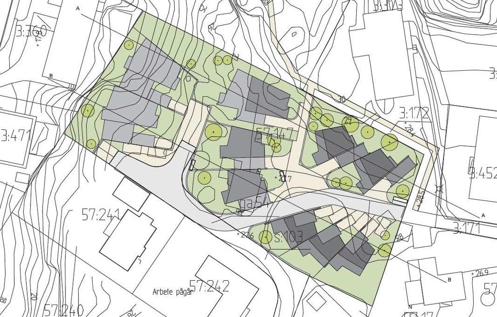 Sammanfattning: Planens syfte och förutsättningar Syftet med detaljplanen är att möjliggöra nio nya bostadshus i anslutning till befintlig villabebyggelse.