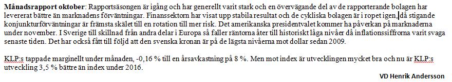 Kommentar och utveckling för KLP-Totalt 31 Oktober 2016 Utveckling andelsvärde för perioden 2003-02 - 2016-10 Portföljen Index Aktieinnehav 65% 250% 200% 55% 150% 45% 100% 35% 50% 0%