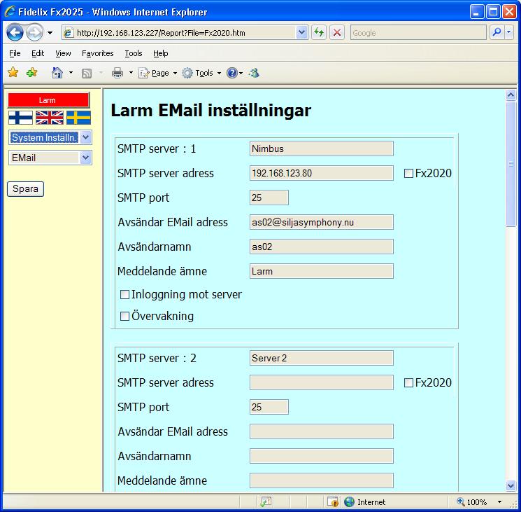 Om larmöverföring Överföringen görs med e-post från en eller flera Fidelix DUCar. Nimbus har en inbyggd mailserver (SMTP - Simple Mail Transfer Protocol) som lyssnar på port 25.