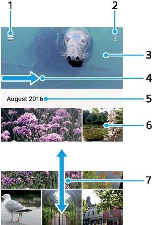 Foton och videor i Album Visa foton och videoklipp Använd albumprogrammet för att visa foton och spela upp videor som du har tagit med kameran, eller för att visa liknande innehåll som du har sparat