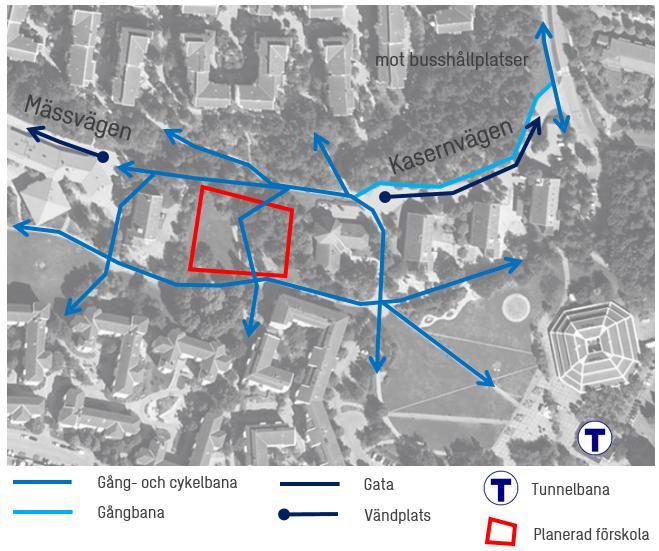 Figur 2. Vägnätet i anslutning till planerade förskola. Lokalgatorna Mässvägen och Kasernvägen ansluter till lokalgator med en uppsamlande funktion vilka i sin tur omger stadsdelen Rissne.