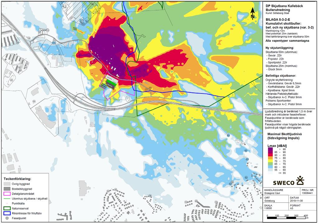 Riksintresset för friluftsliv Delsjöns naturreservat Utdrag ur bullerutredningen som visar den föreslagna skytteanläggningen, med samtliga föreslagna bullerdämpande åtgärder, ihop med befintliga