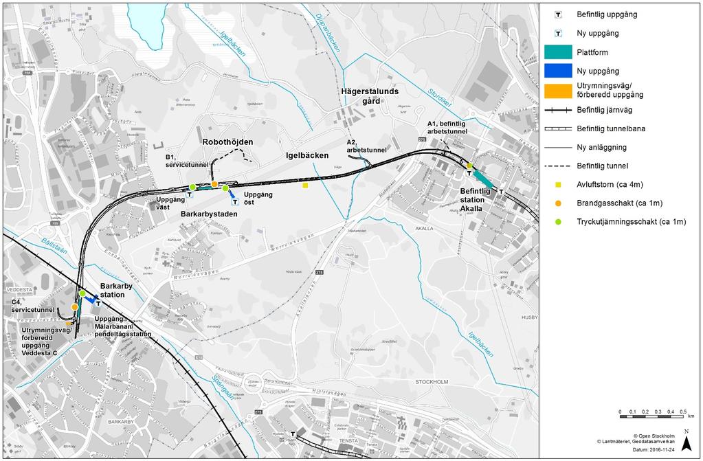 Figur 1. Tunnelbanans sträckning och stationsentréernas placering. 1.1.1 Lokalisering och utformning av ventilationsanläggningar Strax norr om Akalla station utvidgas ett befintligt tryckutjämningsschakt till att kombineras med ett brandgasschakt.