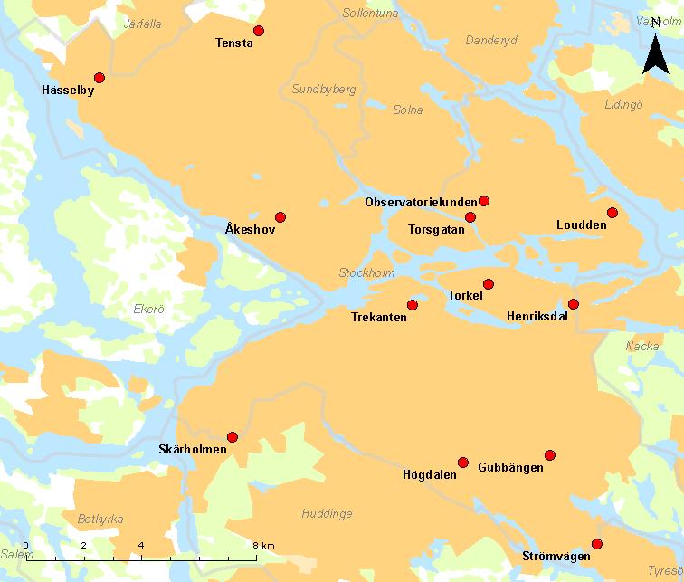 Mätstationernas placering framgår av Figur 1. Figur 1. Mätstationernas geografiska placering. Samtliga stationer utom Strömvägen ligger i Stockholms kommun.