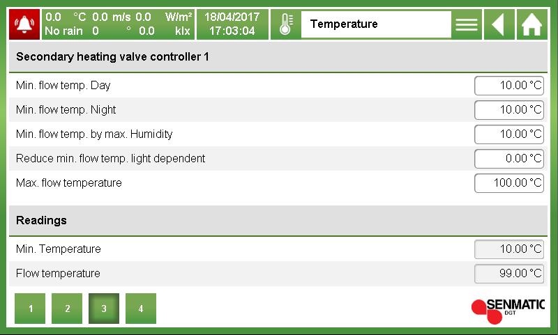 Shuntar Fig 113 Sekundärventil Min framl dag [10.0 C] Grundvärde för min. framledningstemperatur dagtid. Kan bl.a påverkas av luftfuktighet och instrålning. Min framl natt [10.0 C] Grundvärde för min. framledningstemperatur nattetid.