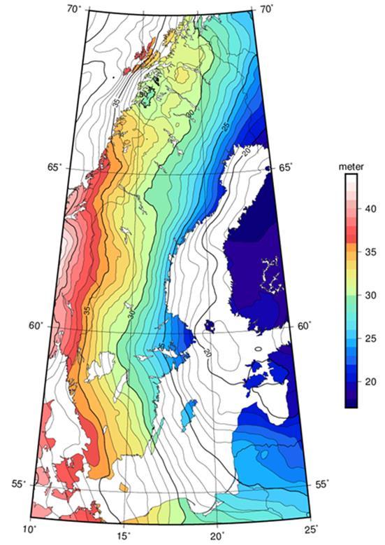 Geoidmodellen SWEN17_RH2000 Höjdomvandling mellan Sveriges referenssystem SWEREF 99 (h) och RH 2000 (H) Osäkerhet i RTK-mätning i SWEREF 99 (h): ~15 mm (68 %)