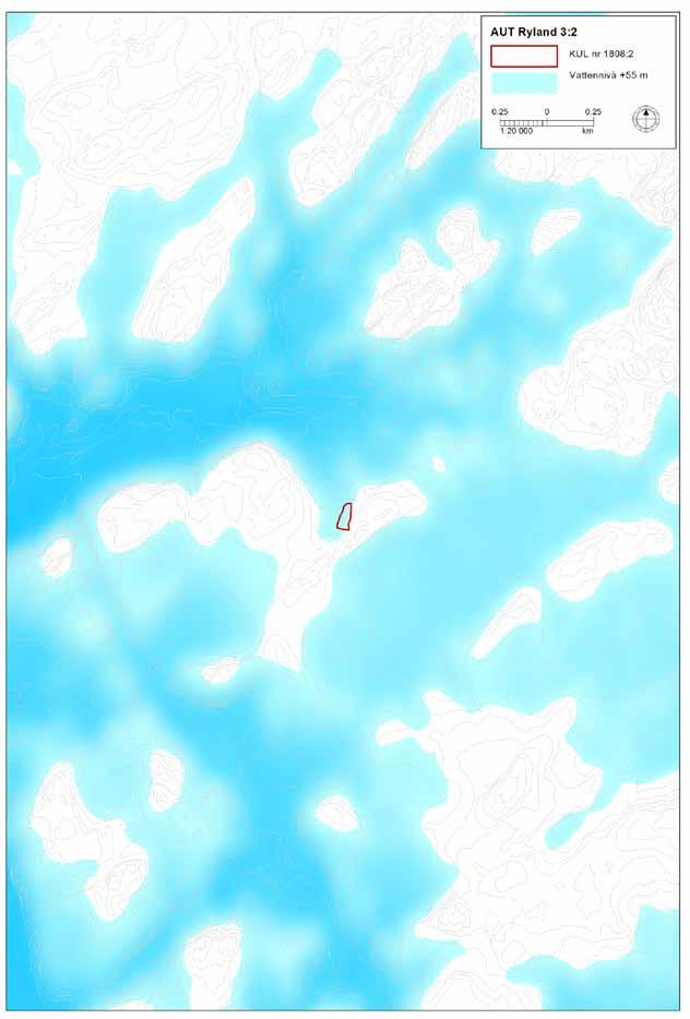 16 Illustration 10. Boplatsen KUL nr 1808:2 inlagd på en bakgrundskarta där vattennivån ligger 55 meter över dagens.