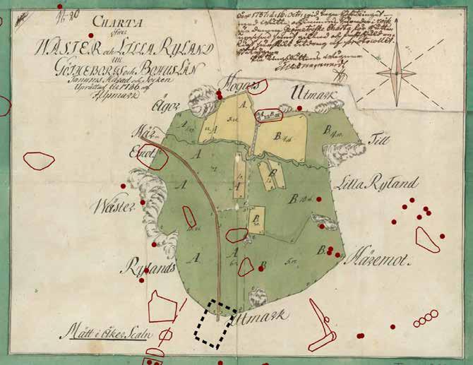 Illustration 17. Storskifteskarta från 1786, med fornlämningar och utredningsområdet inlagt.