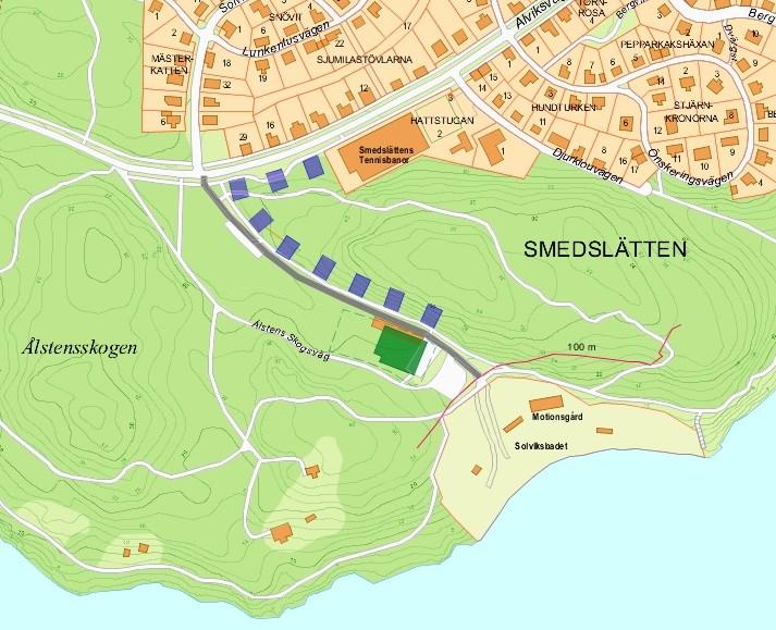 Sida 7 (9) Idéeskiss inlagd i stadskartan Platsen bedöms preliminärt kunna inrymma ca 200 lägenheter samt förskola, med en utbredning enligt skiss.