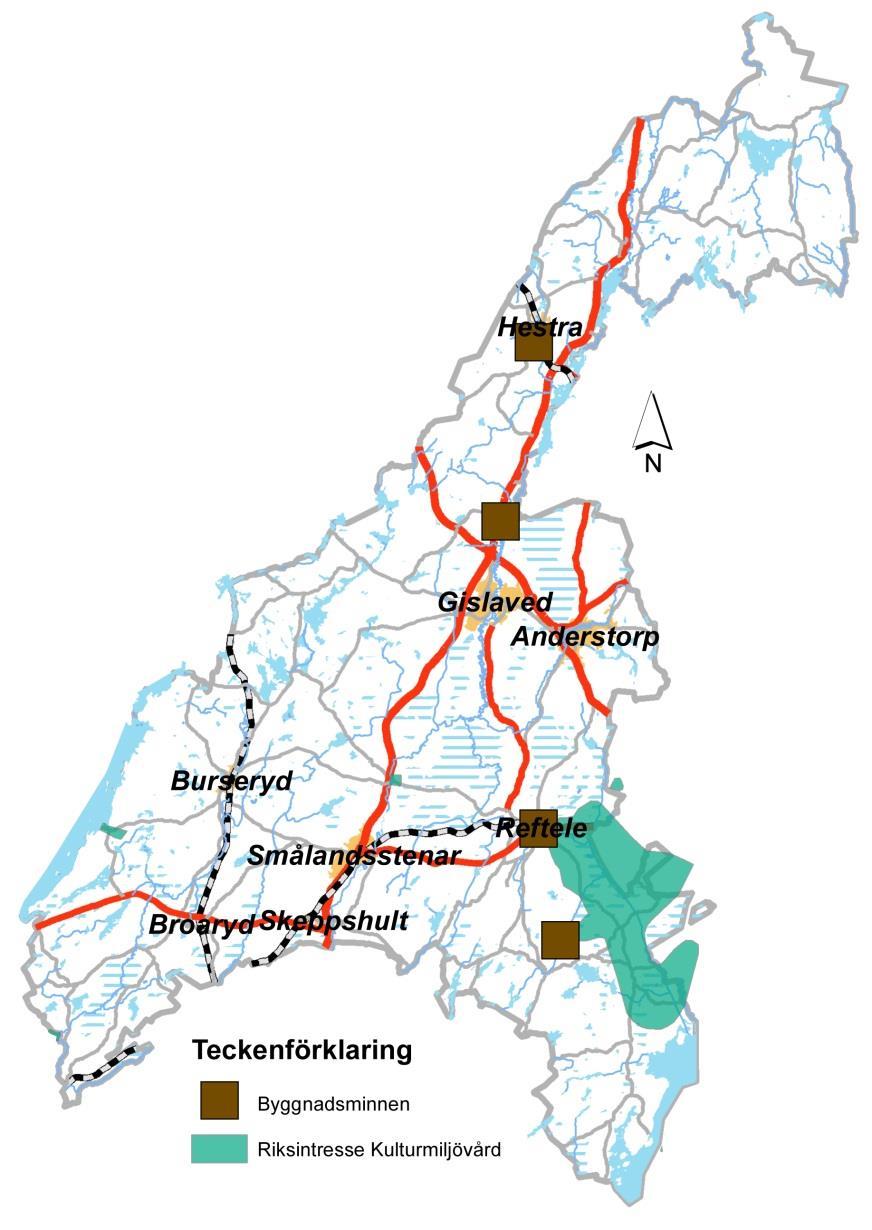 Värdefulla och skyddade kulturområden Byggnadsminnen: F.d. Skolhus (Hestra), Tingshuset (Reftele), Hökabo