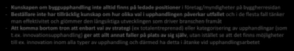 Utmaningar för utveckling av upphandlingspraxis inom samhällsbyggande Våga för att vinna - Att våga testa och pröva nya arbetssätt. Att våga vara öppna för innovativa upphandlingsverktyg.