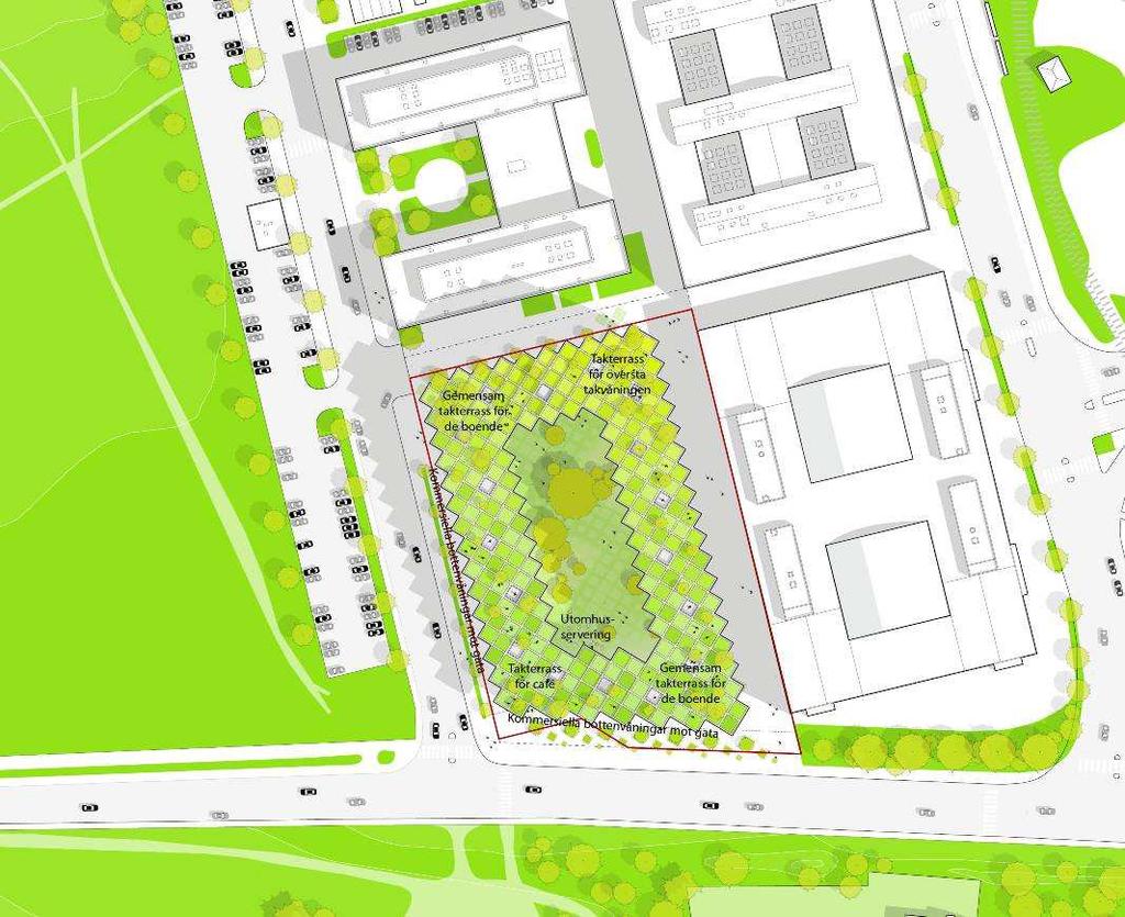 SID 11 (20) Situationsplan av Bjarke Ingels Group. Fastighetsgräns för Stettin 7 markerad med röd linje.