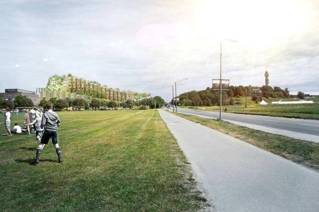 Byggnaden är låg mot korsningen Sandhamnsgatan/Lindarängsvägen och trappas gradvis upp mot motstående hörn där byggnaden är 10 våningar hög.