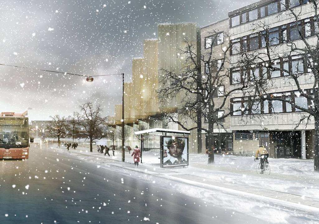 Förslaget är något högre än intilliggande befintlig bebyggelse längs Lindarängsvägen. I de två hörnen (nordvästra och sydöstra) är förslaget 5 våningar högt.