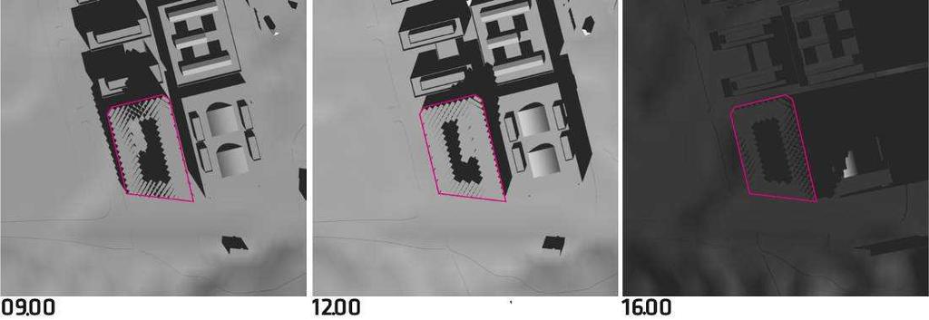 SID 18 (20) Sol- och skuggstudier vid vårdagsjämning. Kl 18 har solen gått ner. Studier av Bjarke Ingels Group, 2012.