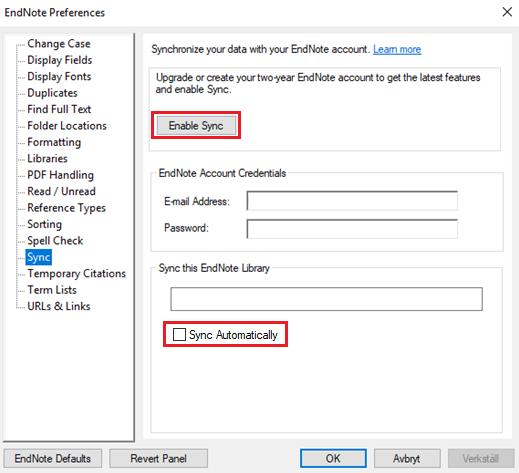 Synkronisera ditt bibliotek med EndNote Online 1. I EndNote Desktop, välj Edit Preferences Sync. 2.