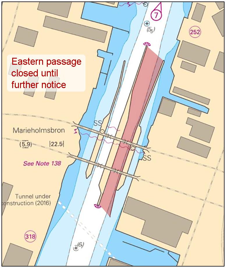 2016-12-08 11 Nr 628 Marieholmsbroarna. Östra passagen stängd. Sjöfartsverket, Göteborg. Publ. 6 december 2016 Skagerrak * 11739 Sjökort: 8, 93, 937 Norge. Skagerrak. Oslofjorden. Horten VTS.