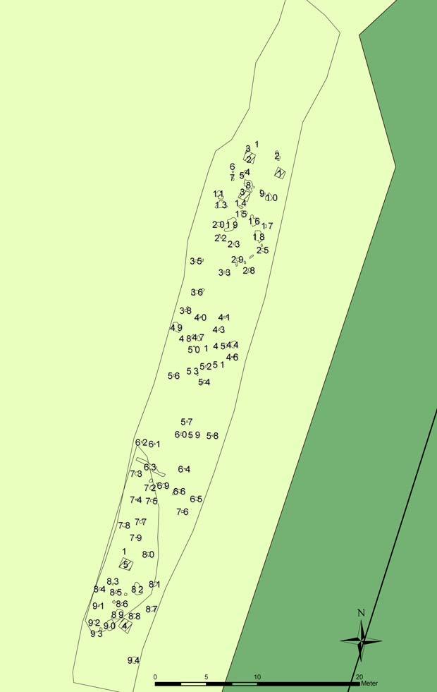 färgningarna som möjligen kunde representera anläggningar, och det beslöts att samtliga skulle mätas in för att sedan vid behov avfärdas genom undersökning.
