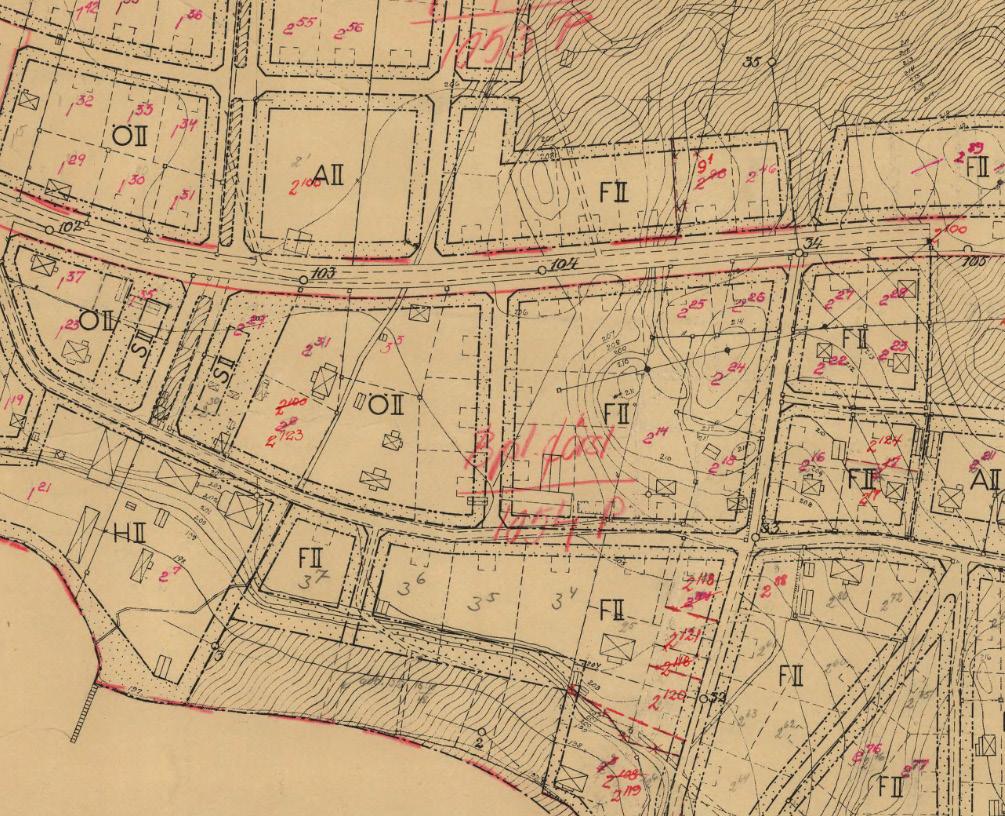 Utsnitt från gällande detaljplan, "Förslag till byggnadsplan för Örserumsbrunns samhälle i Gränna socken, Jönköpings län" B450411. Det ansökta området är markerat i rött.