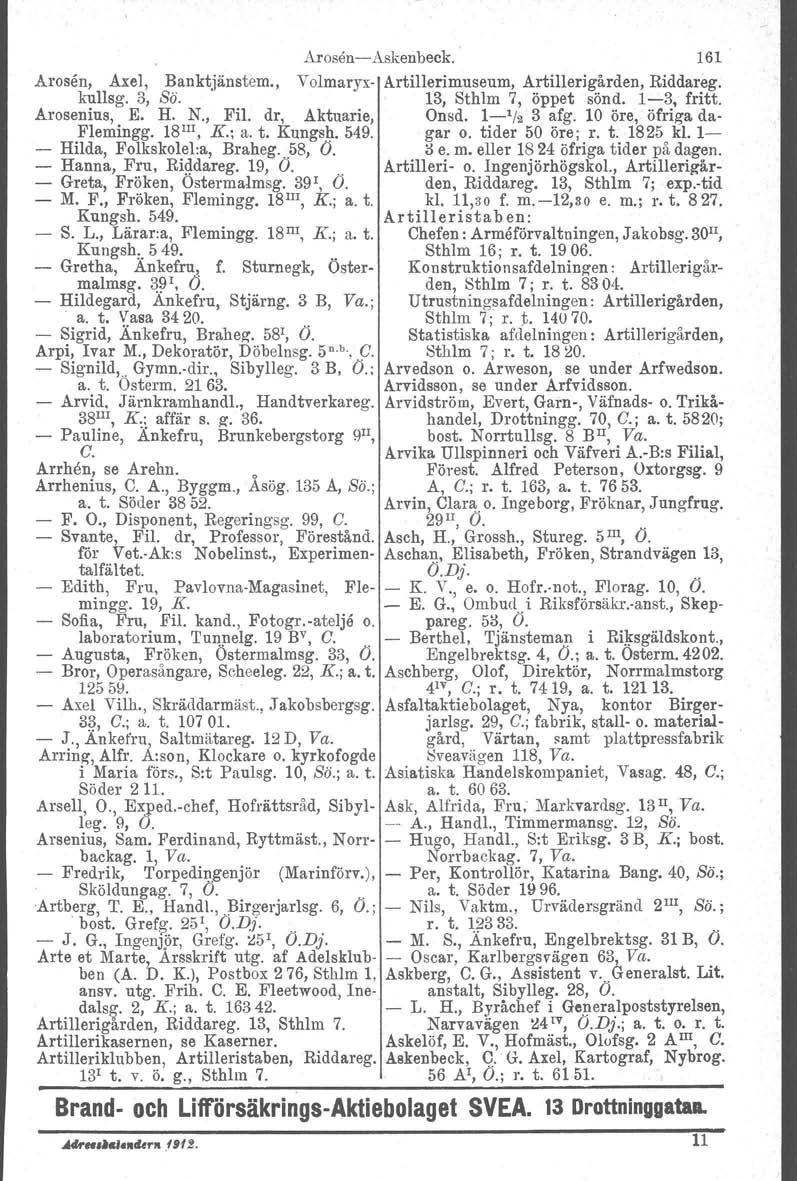 Arosen-c-Askenbeck. 161 Arosen, Axel, Banktjänstcm., Volmaryx- Artillerimuseum, Artillerigården, Riddareg. kullsg. 3, Sä. 13, Sthlm 7, öppet sönd. 1-3, fritt. Arosenius, E. H. N., Fil.