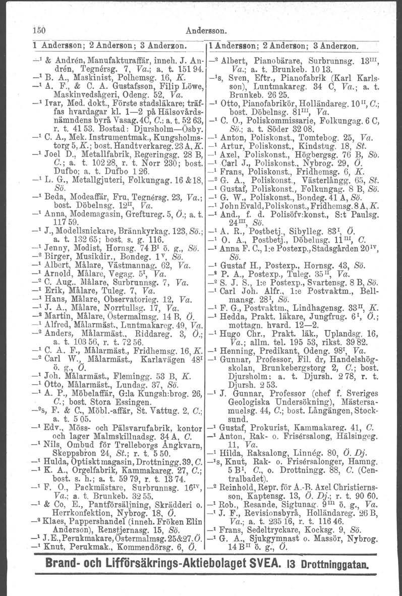 1M Andersson. ITndersson; 2 Anderson; 3 AnderZ~-ll Andersson; 2 Anderson; 3 Anderzon. ~l & A~dren, Ma~ufakturaffär, inneh. J. An- _2 Albert, Piano bärare, Surbrunneg. 13m, dren, Tegnersg. 7, Va.; a.