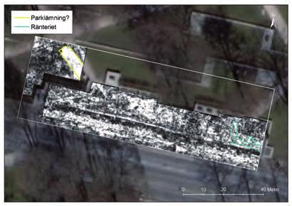 10 ARKEOLOGISK RAPPORT 2011:31 figur 12. Georadarbild av Hamnparken. Renteriets grund markerad (turkos linje).