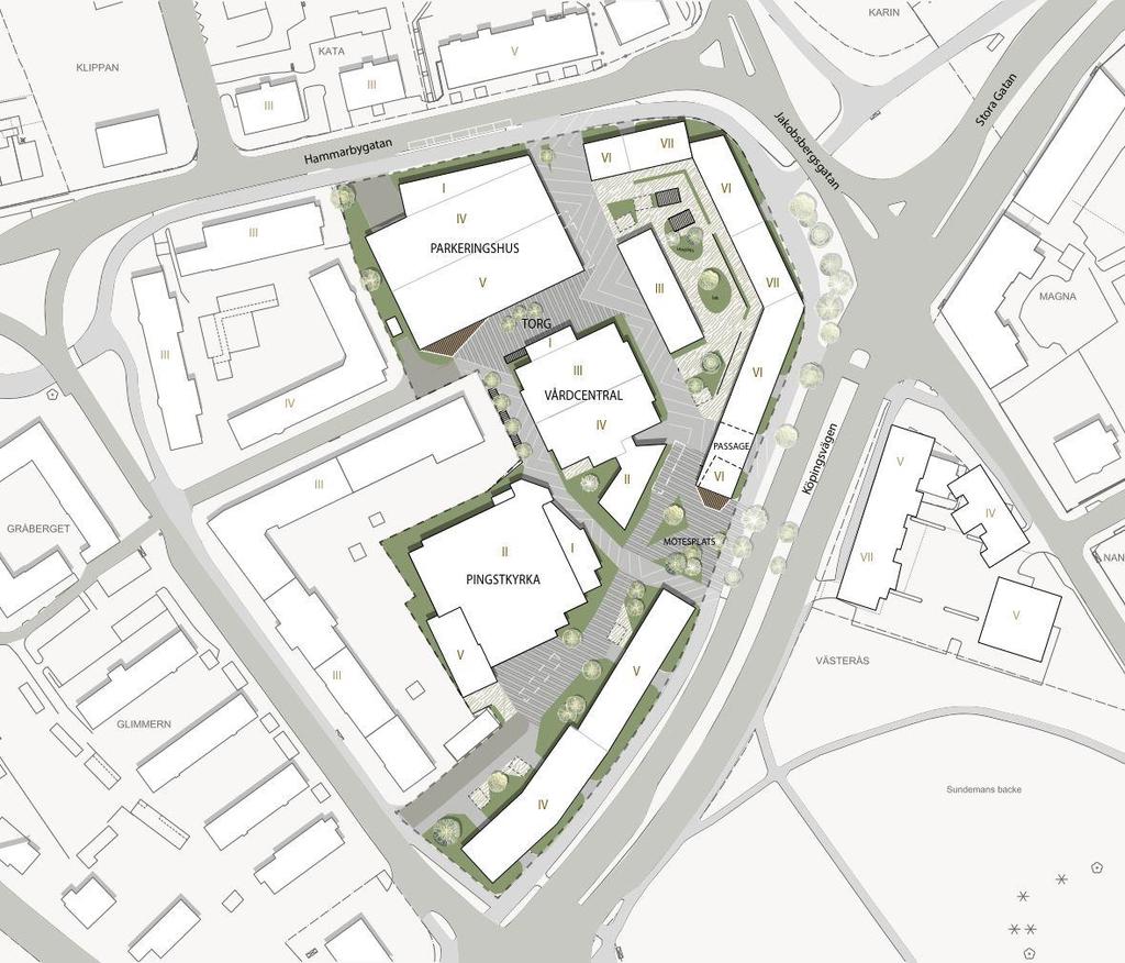 3.1 Utredningsområdet Detaljplaneområdet är beläget väster om centrala Västerås, se Figur 1. I dagsläget utgörs planområdet av parkeringsplatser, en vårdcentral och Pingstkyrkan.