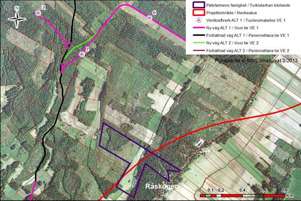 Avståndet till det närmaste planerade kraftverket i alternativ 1 är cirka 540 meter. Figur 18.3.