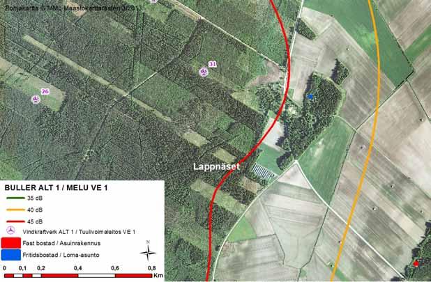 FCG DESIGN OCH PLANERING AB KALAX VINDKRAFTSPARK 132 (212) I Lappnäset överstiger bullernivån 40 db (Figur 18.7) och avståndet till närmaste planerade kraftverk är 540 meter.