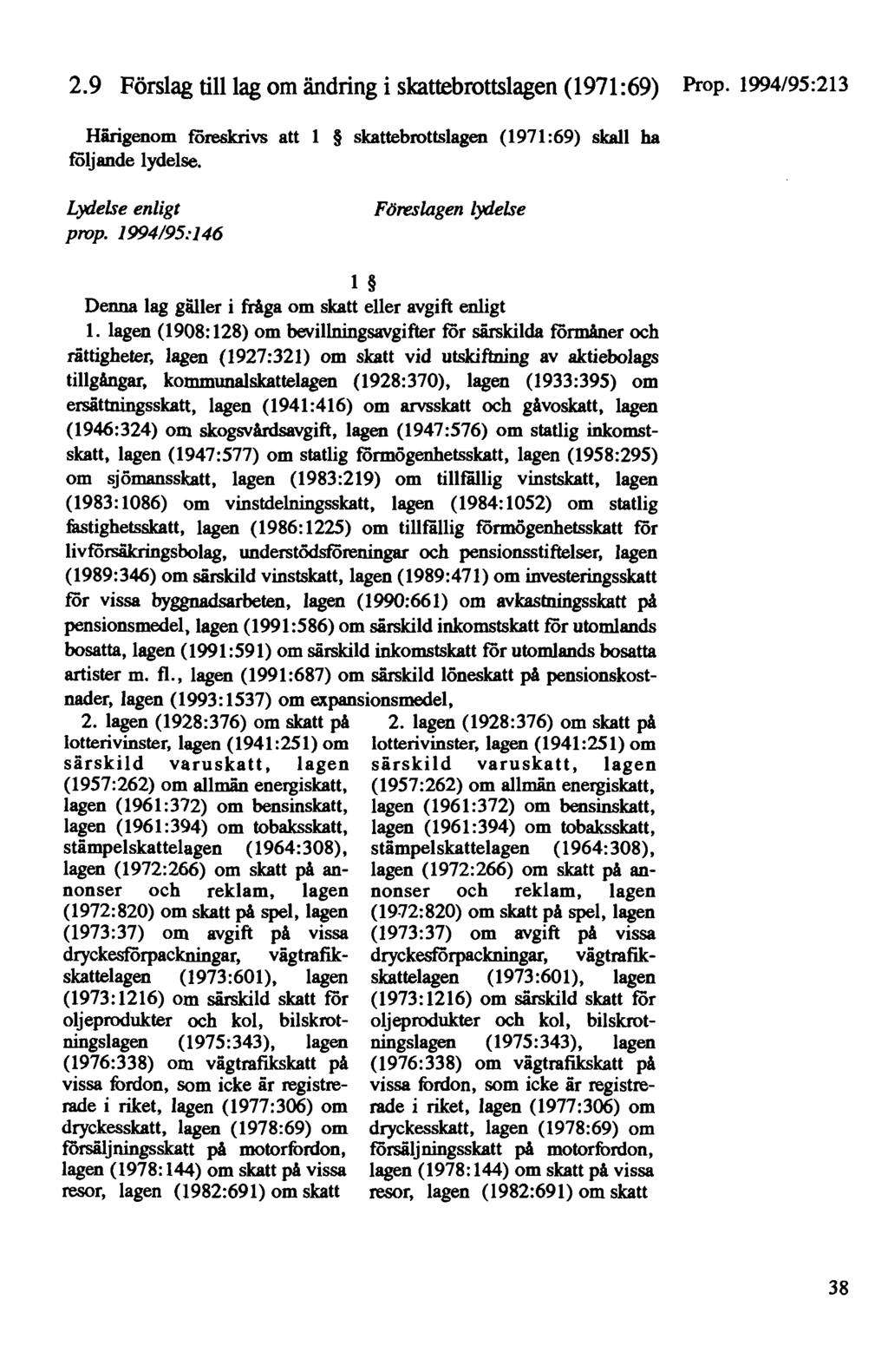 2.9 Förslag till lag om ändring i skattebrottslagen (1971:69) Härigenom föreskrivs att 1 skattebrottslagen (1971:69) skall ha följande lydelse. Lydelse enligt prop.