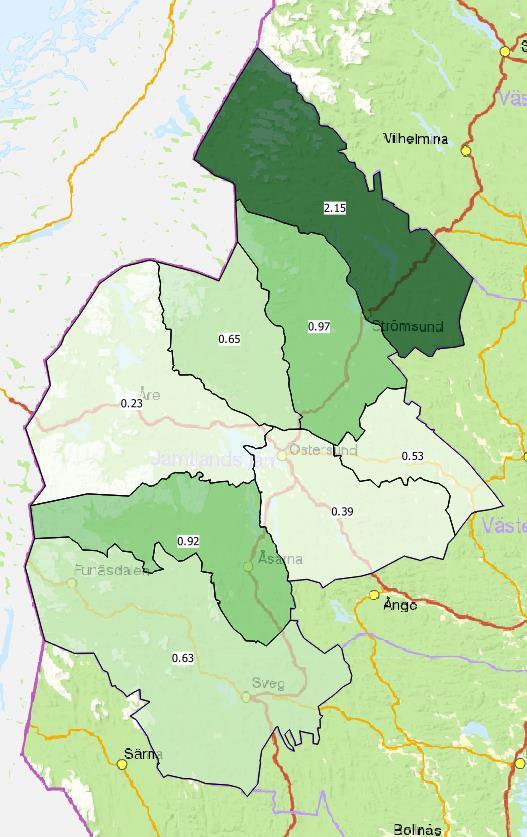 Beräknad avskjutning Jakvårdskretsar 2017/2018 Orre per 1000 ha Bild.
