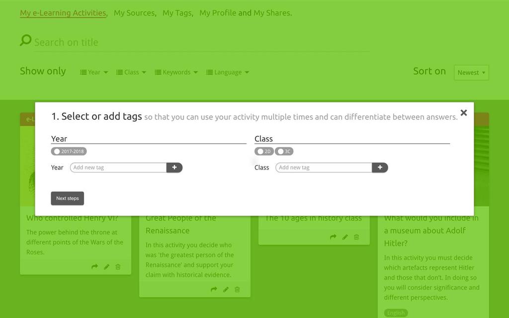 Dela e-lärandeaktiviteter Om du vill dela en e-lärandeaktivitet klickar du på [ ] dela-knappen. Du kan dela e-lärandeaktiviteter med studenter eller andra via en delbar länk.