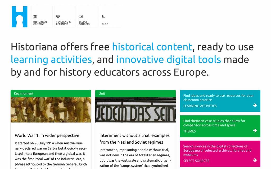 Med Toppmenyn får du tillgång till webbplatsens olika avdelningar: Hemsidan, avsnittet med historiskt innehåll, avsnittet för undervisning och lärande, eactivity Builder-funktionen samt