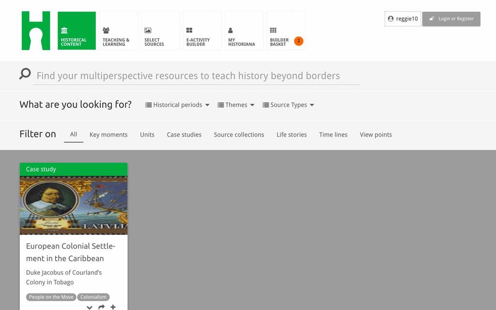 Avsnittet historical content gör det möjligt för användarna att söka i Historiana