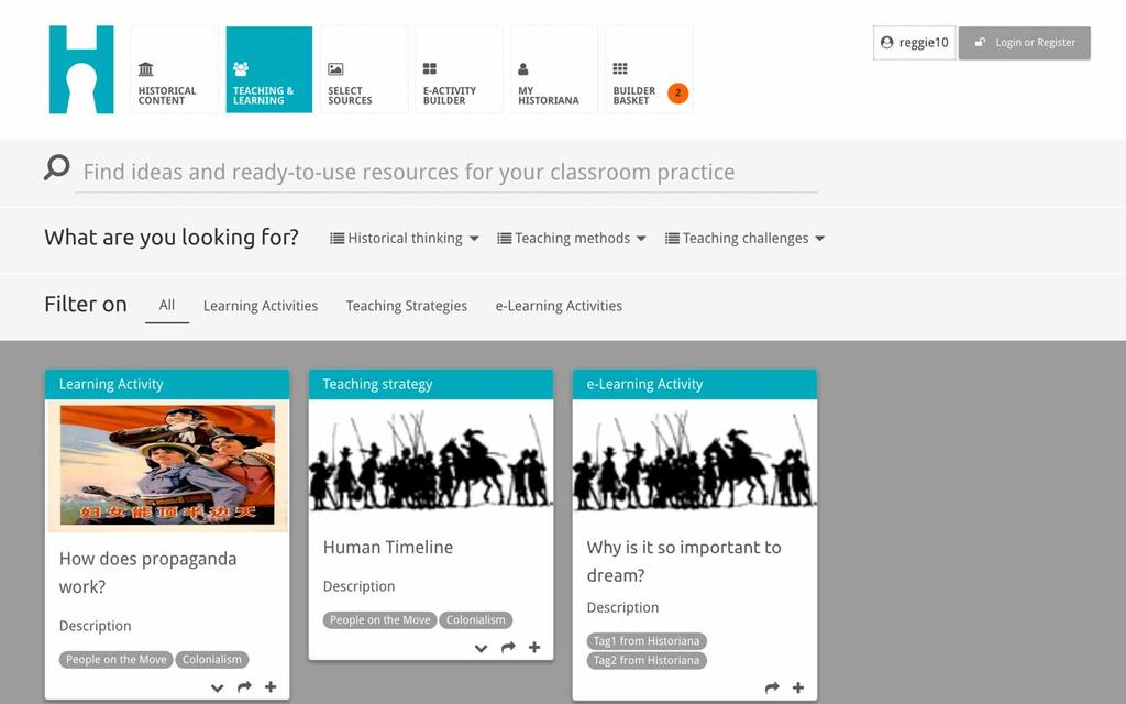 Avsnittet teaching and learning gör det möjligt för användarna att söka i Historiana