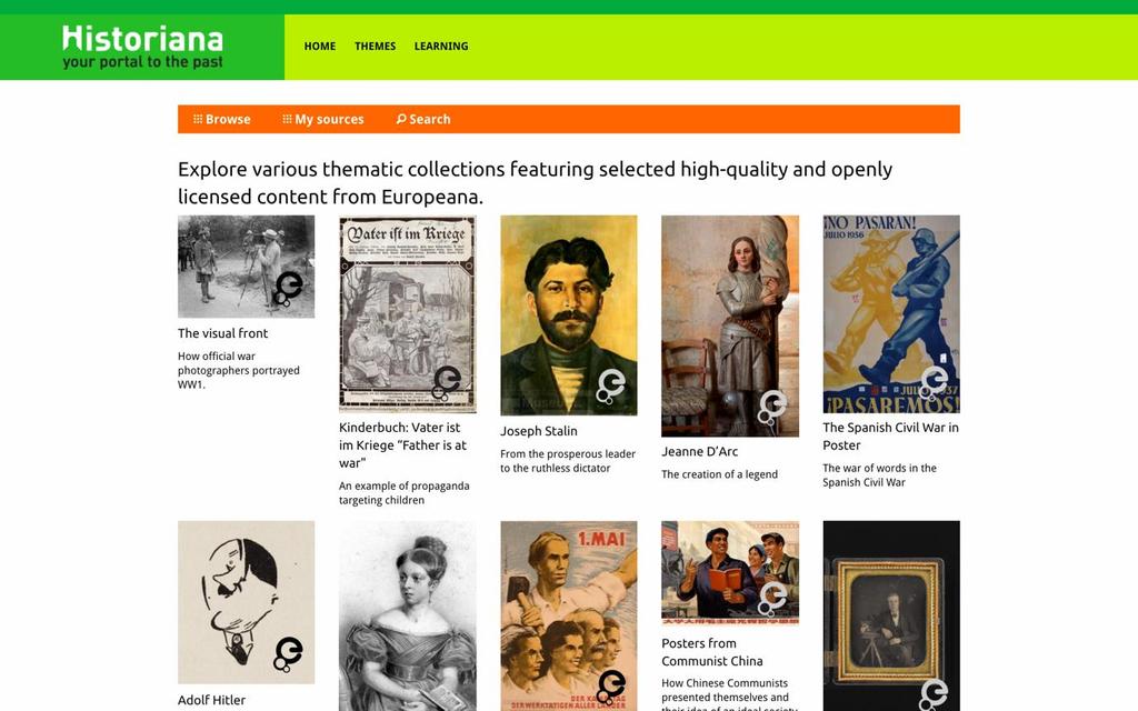 Avsnittet select sources kan användas för att söka efter källsamlingar i Historiana, källor i digitala