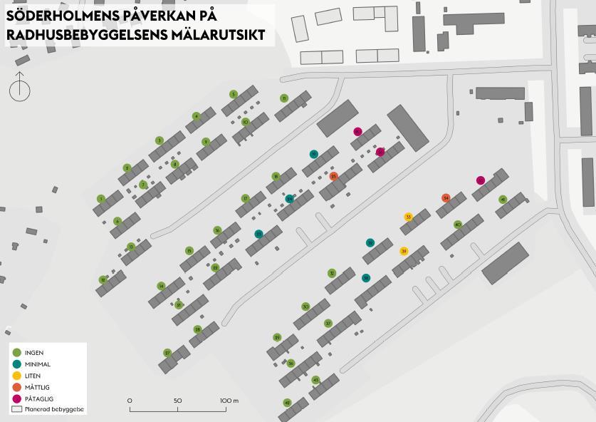 Sida 12 (16) De nya bostadshusen i kvarter A kommer att ha måttlig, till påtaglig negativ påverkan för fem av radhusens mälarutsikt jämfört med vintertid idag.