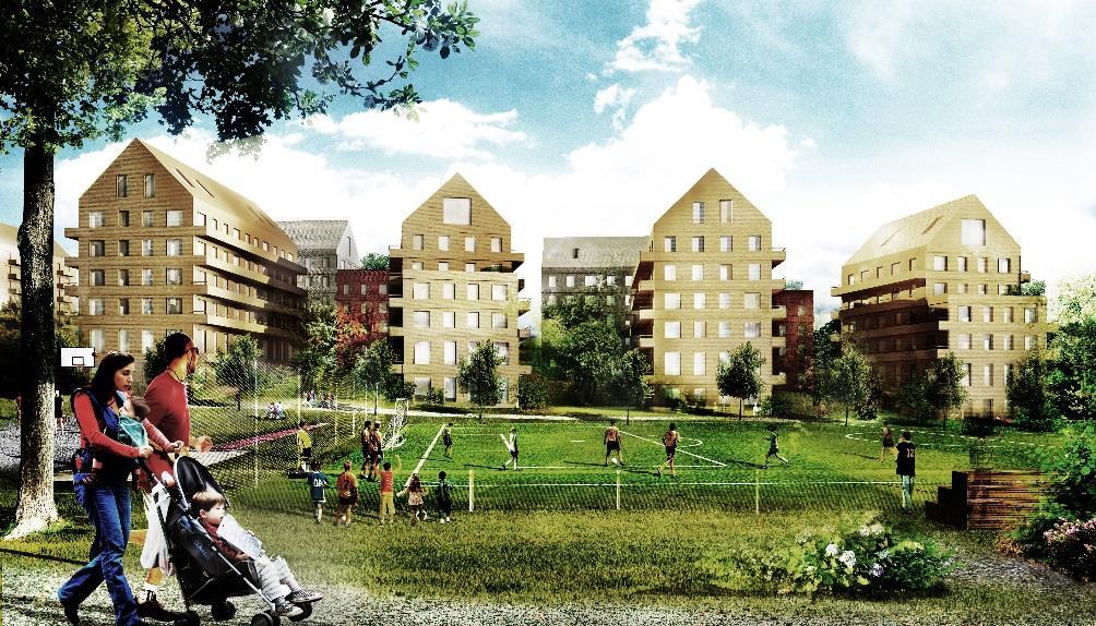 Rendering, sett från parken, på kvarter A från samrådsförslaget.