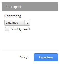 Möjliga val är liggande eller stående format samt liten eller stor text.