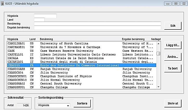Sida 16 av 16 2.21 UTLHSK Tabellen listar alla utländska lärosäten som lärosätet har definierat i funktionen KA33.