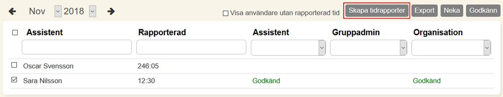 Du kan ändra månad med pilarna. Som standard visas bara assistenter som har rapporterad tid för månaden du befinner dig i.