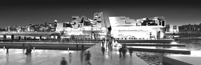 Wingårdh Arkitektkontor och Tema Landskapsarkitekter (Wingårdhs) Förslagsställarna skapar en tydlig ny stadsfront som står mot kajpromenaden och låga gångbroar.