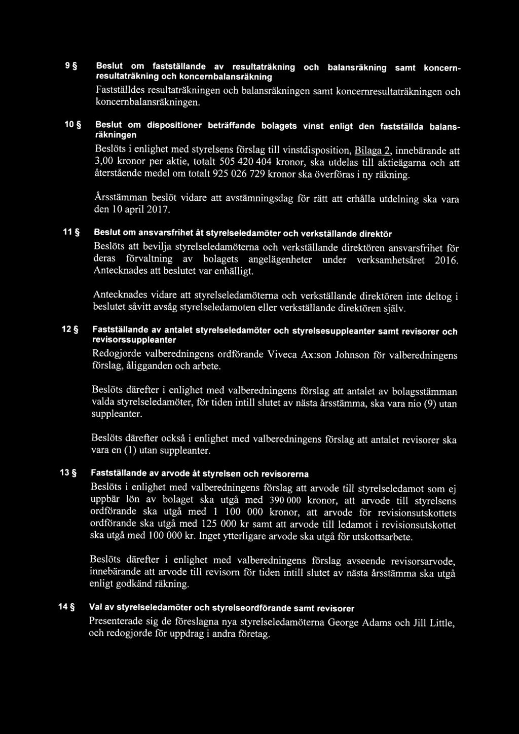 10 Beslut om dispositioner beträffande bolagets vinst enligt den fastställda balansräkningen Beslöts i enlighet med styrelsens forslag till vinstdisposition, Bilaga 2, innebärande att 3,00 kronor per