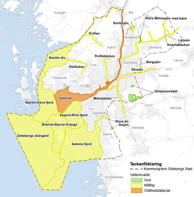 Figur 2. Förenklad karta över ytvattenförekomster och deras ekologiska status i Göteborg.